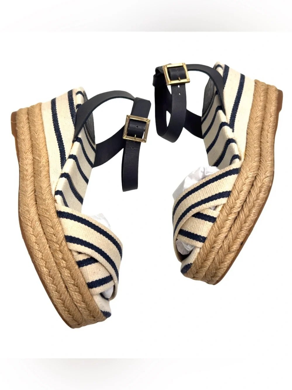 Tory Burch Karissa Navy Stripe Espadrille Ankle Strap Wedge Size 7